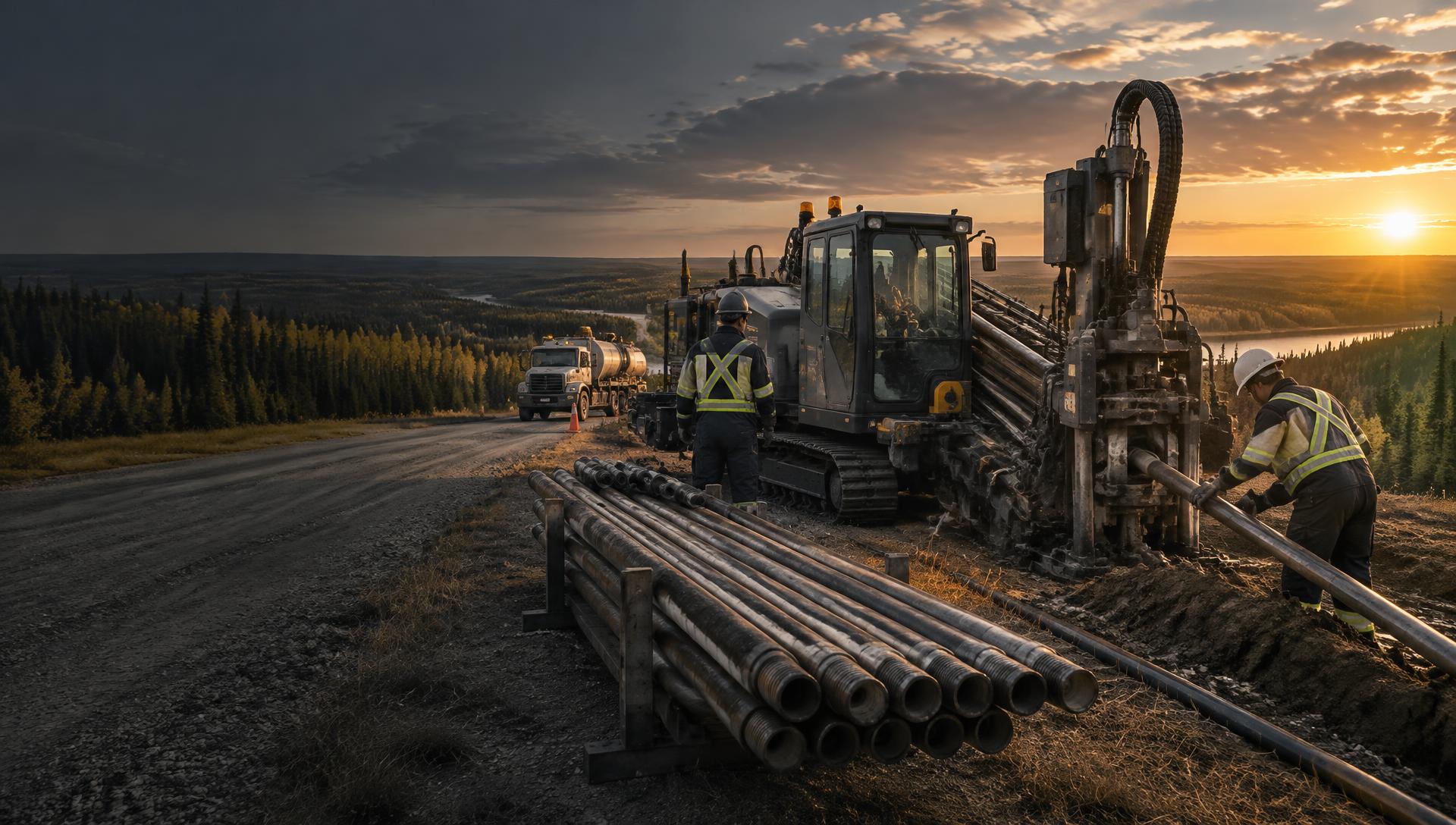 Directional drilling crew working along a rural Alberta road