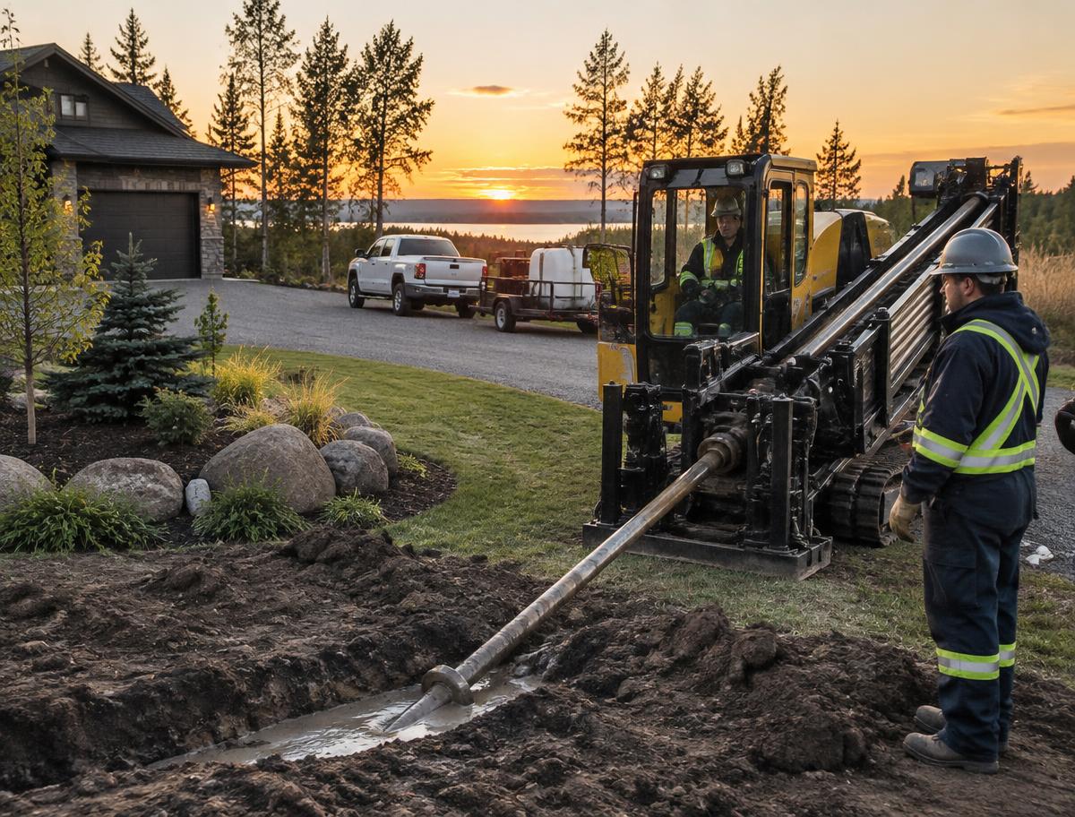 Directional drill completing a utility bore beside an acreage driveway
